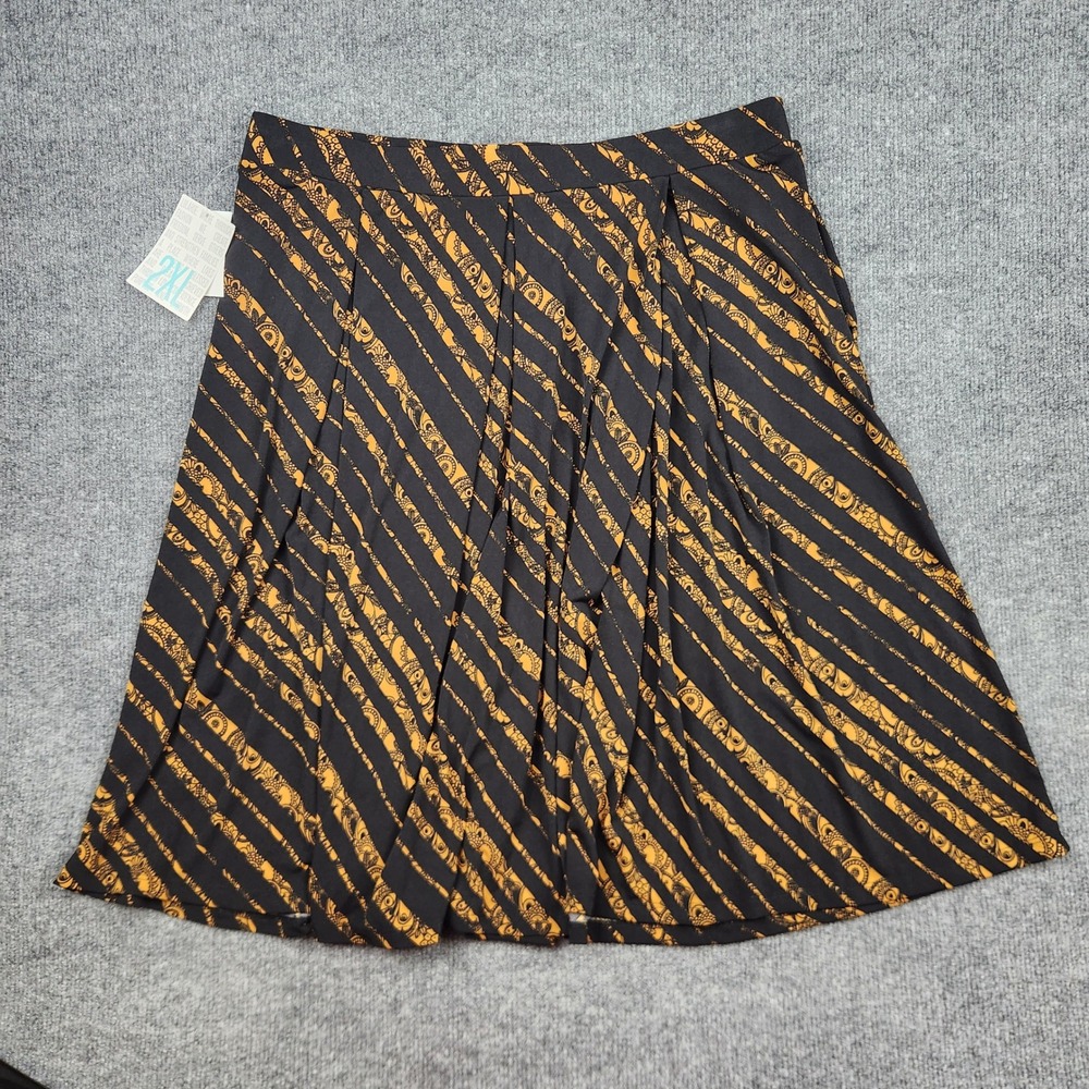 LuLaRoe Madison Skirt 2XL Black Mustard Yellow Diagonal Stripe Paisley Pockets